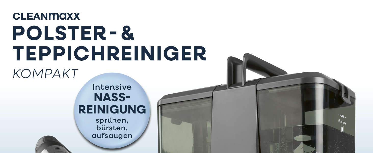 CLEANmaxx Професійний пароочисник та чисник для килимів та м'яких меблів | Пароочисник для плям | EASYmaxx засіб для чищення килимів | Для диванів, авто, килимів, м'яких меблів | Чорний, компактний, 330W