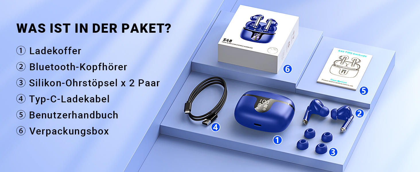 Навушники-вкладиші Bluetooth 5.3, 4 мікрофони HD, 42H, ENC, LED, HiFi, IP7, Blue