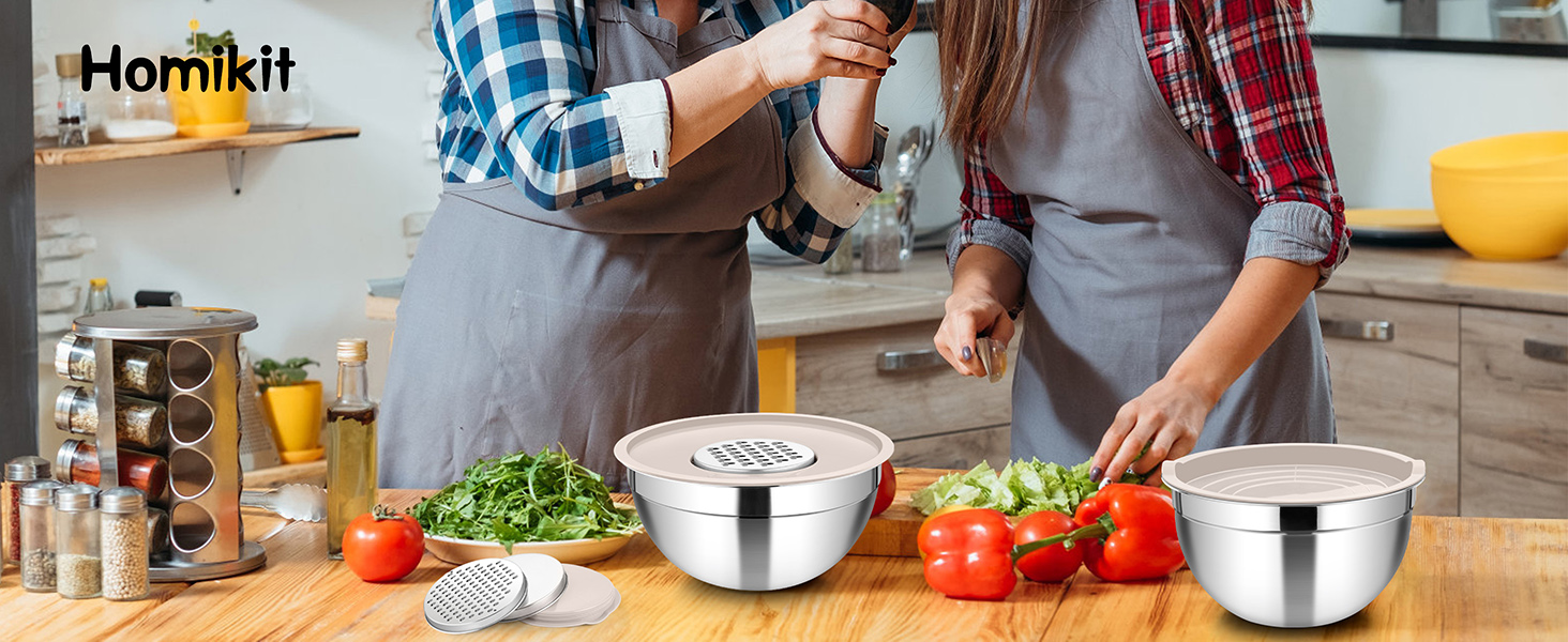 Набір мисок Homikit: 5 мисок з нержавіючої сталі з кришками та силіконовим дном, мультифункціональні, складані, придатні для миття в посудомийній машині, 6.6L / 3.5L / 2.5L / 1.5L / 1L (Хакі, з 3 тертками)