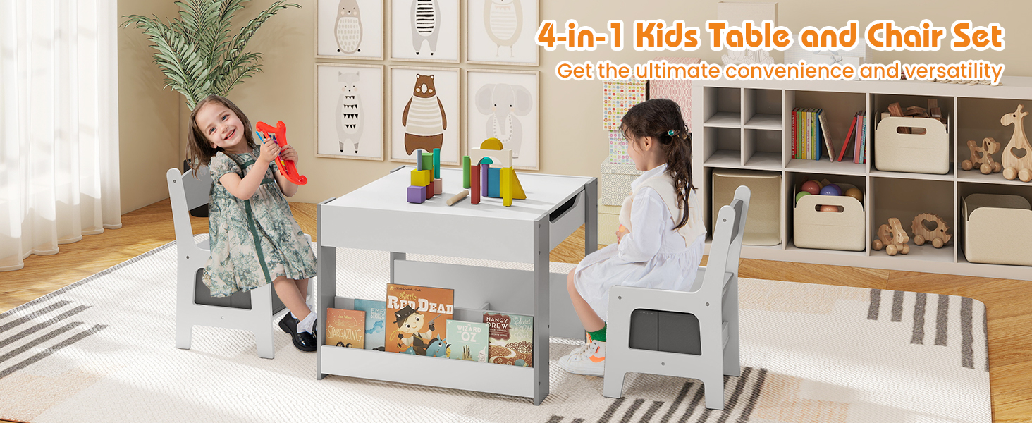 Дитячий стіл LIFEZEAL 3 в 1 з 2 стільцями: стіл для малювання, активностей та обідній стіл. Дитяча меблева група з дерева з місцем для зберігання (сірий)