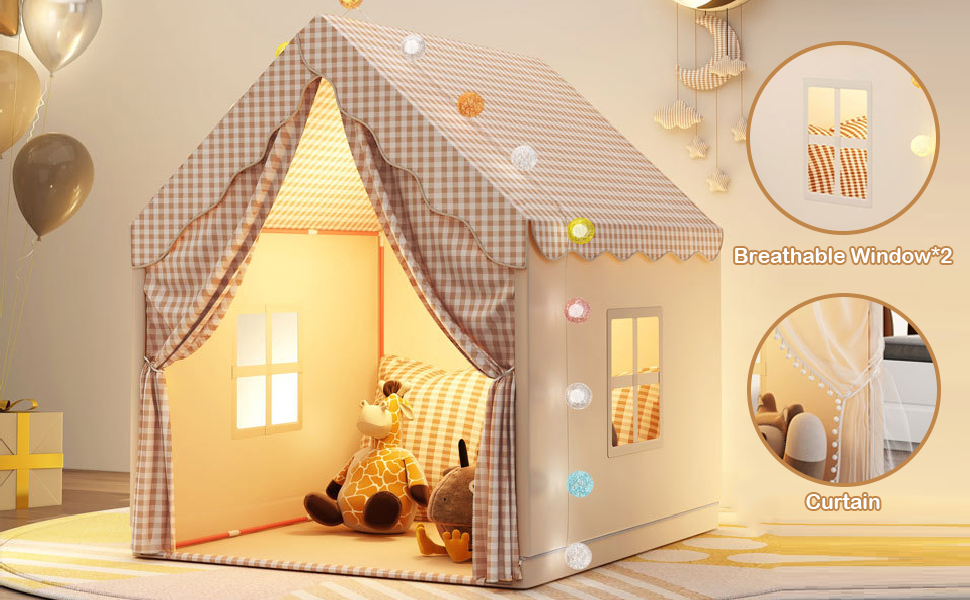Дитяче намет-ліжко з ліхтариками та прапорцями, ігровий намет для дітей, намет-халапа для малюків, намет принцеси з вікнами, халапа для хлопчиків та дівчаток, хакі (47 * 40 * 51)
