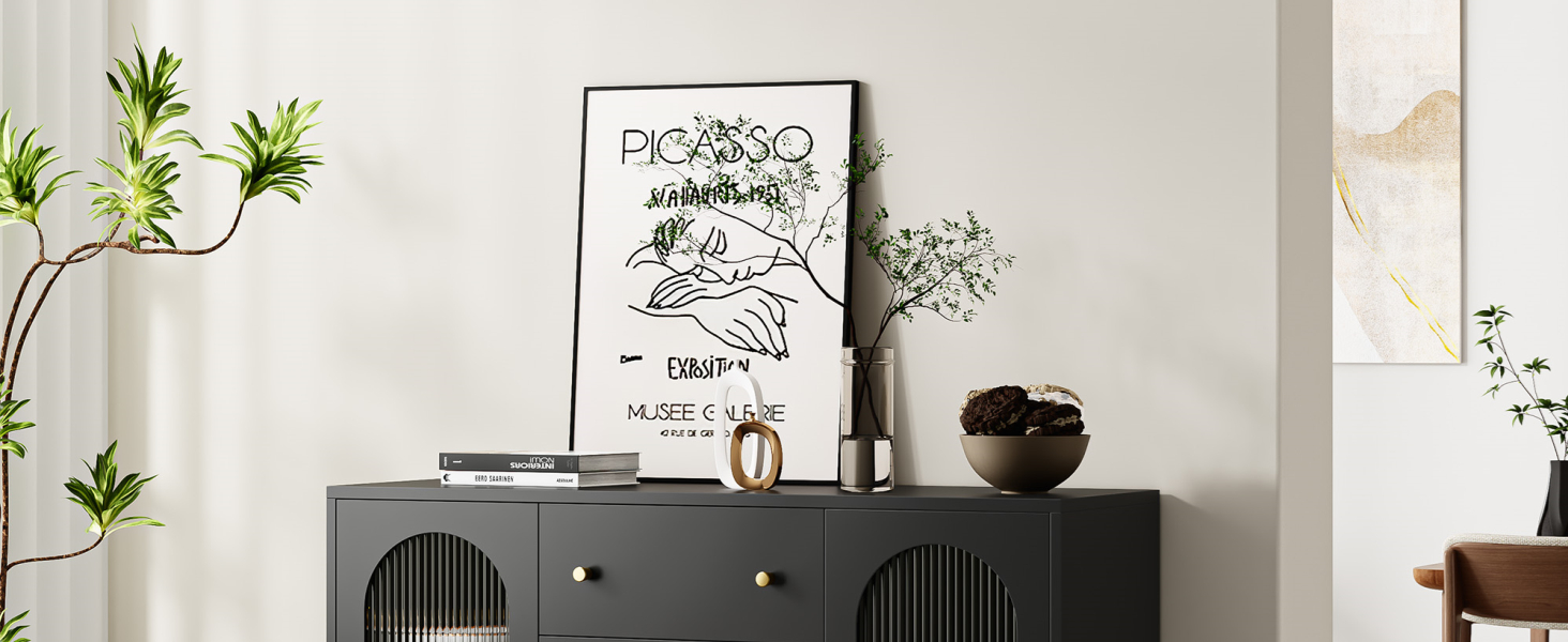 Буфет-комод FirFurd 120 см білий/чорний з робочою поверхнею та 3 ящиками | Кухонний буфет для кухні, вітальні, їдальні