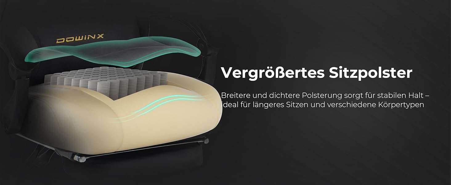 Ігровий крісло Dowinx з масажною поперековою подушкою, регульованою підголівником, потовщеним сидінням, висувною підніжкою, регульованими підлокітниками, мікрофібровим велюром, нахилом 160°, чорне