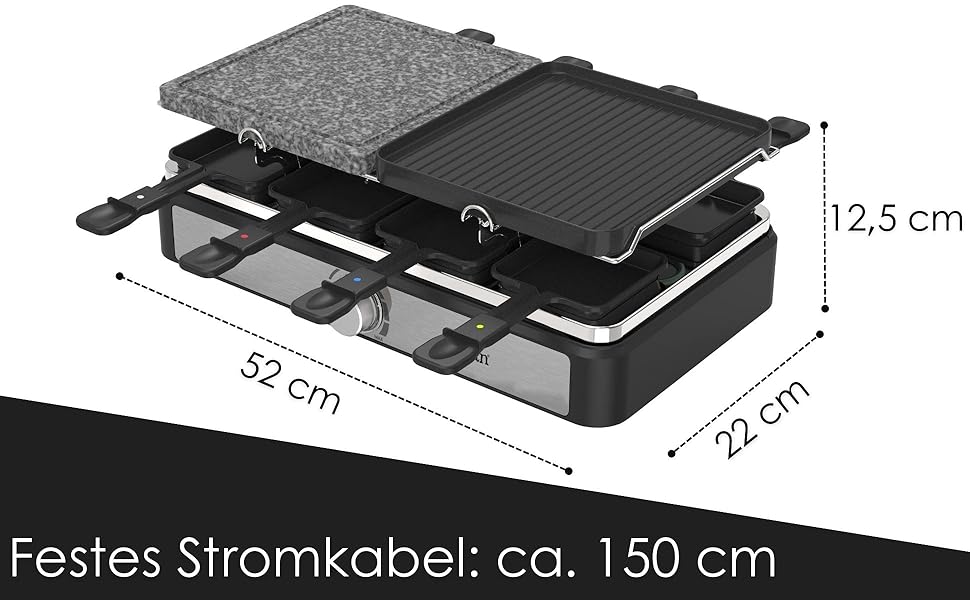 Раклет Гриль Прилад для раклету 8 осіб Настільний гриль Вечірка Гриль Електричний гриль Раклетний гриль Цільний натуральний камінь і сковорідка з покриттям Нагрівальний елемент з нержавіючої сталі 1400 Вт
