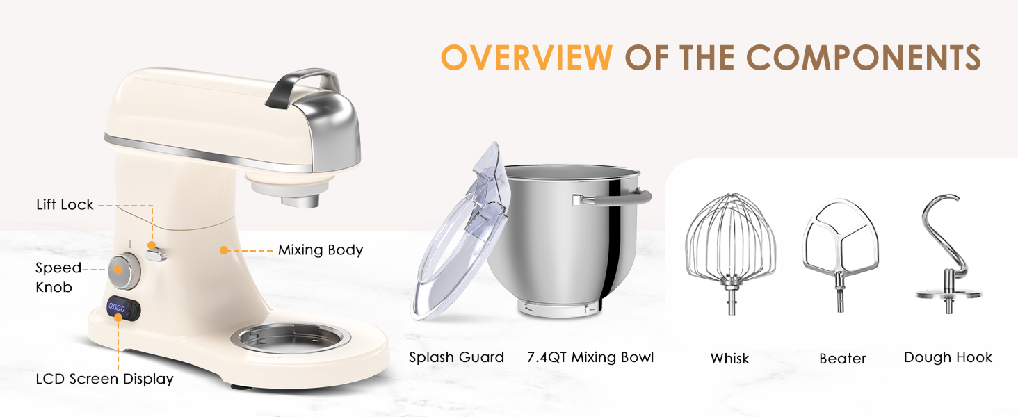 Кухонна машина ZACME Profi з міцним корпусом з алюмінію (1500W), чаша 7л з нержавіючої сталі, LED-дисплей, тиха робота, 3 насадки, захист від бризок, 11 швидкостей