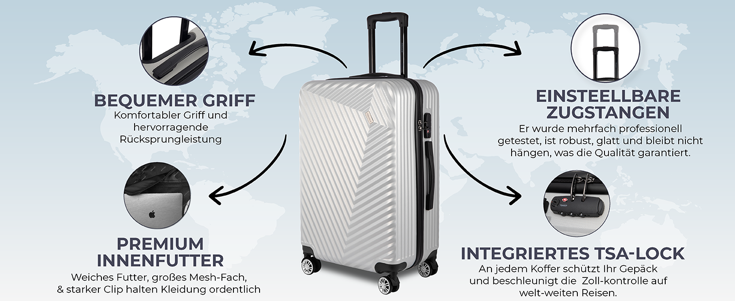 Набір валіз xRace 3-частинний ABS, 20/24/28 дюймів, ручна поклажа, TSA замок, 360° колеса, стійкий до ударів, преміум підкладка (срібний)