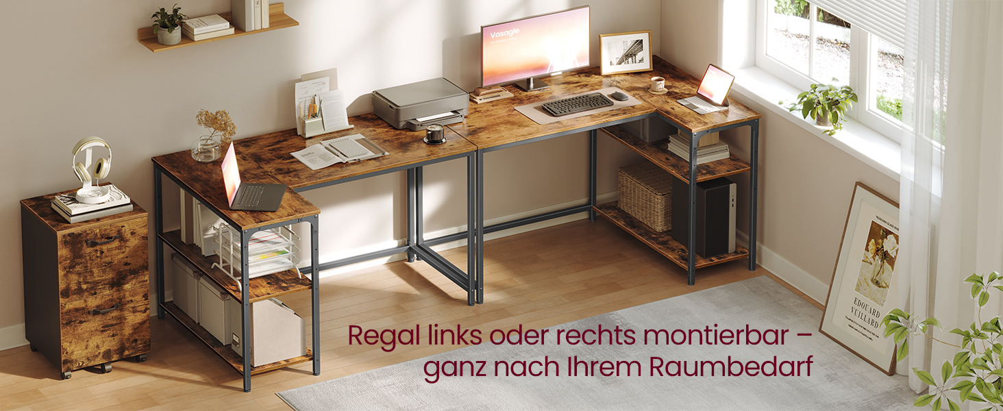 Кутовий стіл VASAGLE L-подібної форми з полицею, для офісу та дому, 110 x 80 см, vintage brown