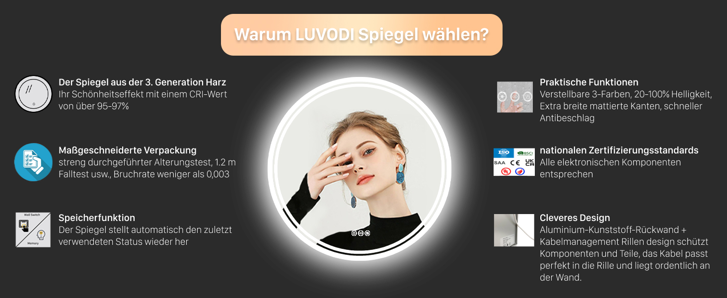 Дзеркало для ванної кімнати LUVODI кругле з підсвічуванням: LED дзеркало 60 см з регульованою яскравістю, 3 кольори світла, сенсорне управління, запобігання запотіванню, енергозбереження, для ванної кімнати, гостьового туалету