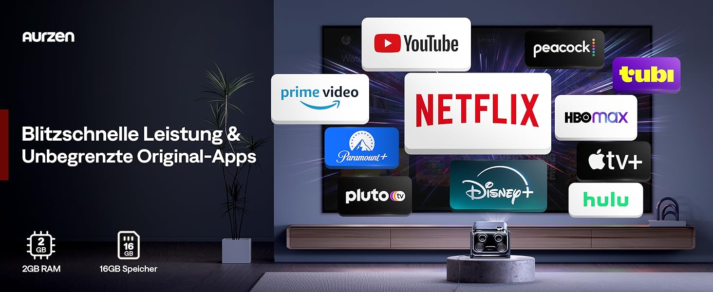 Проектор Aurzen Boom Mini 4-в-1 з Google TV, 4K, 20W Dolby Audio, Wi-Fi, Bluetooth, для дому та на вулицю, автоматичне фокусування, корекція трапецеїдальних спотворень, 500 ANSI люмен (Чорний)