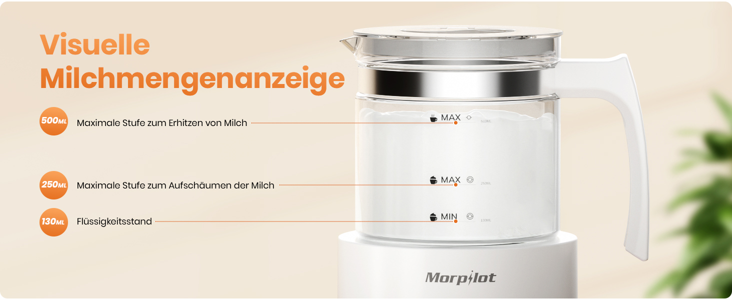 Електричний піноутворювач молока Morpilot, піноутворювач молока 4 в 1 для гарячого та холодного, 600 Вт 500 мл, знімна скляна стільниця, дизайн латте, оглядове скло, безпечне для миття в посудомийній машині з нержавіючої сталі, білий