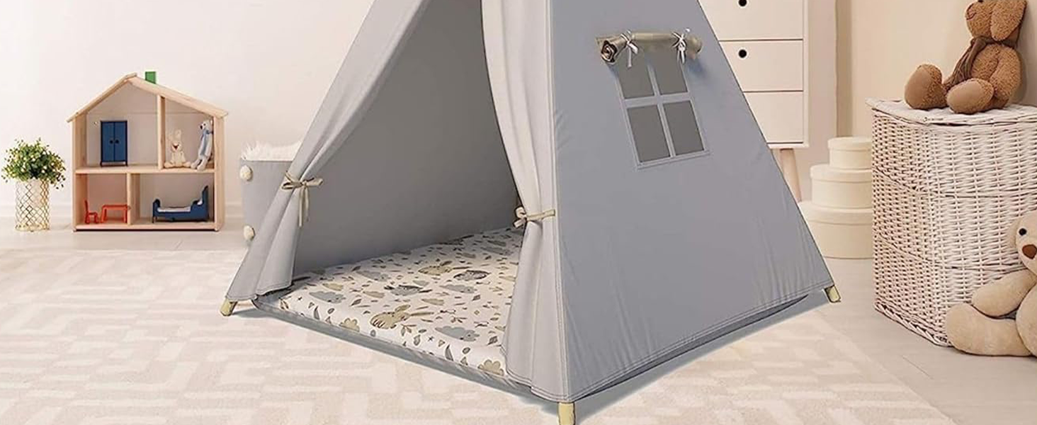 Тіпі-намет для дітей | Ігровий намет для дитячої кімнати | Намет-вігвам з м'якими подушками | Міцний намет-вігвам у стилі індіанців | Безпечний намет-вігвам для дому | Сірий намет-вігвам з тваринами для дитячої кімнати