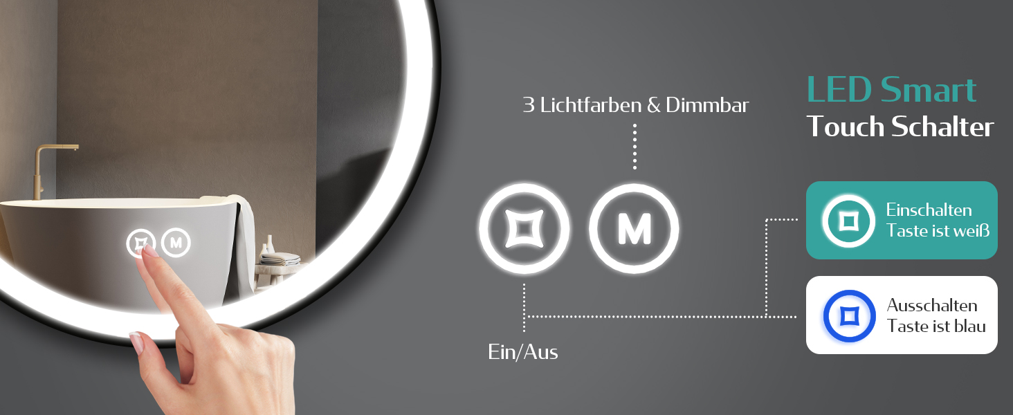 Круглий дзеркало для ванної кімнати EMKE з підсвічуванням 50 см, 3 кольори, диммування, антизапар, пам'ять, сенсорне керування, таймер 3 години, енергозбереження