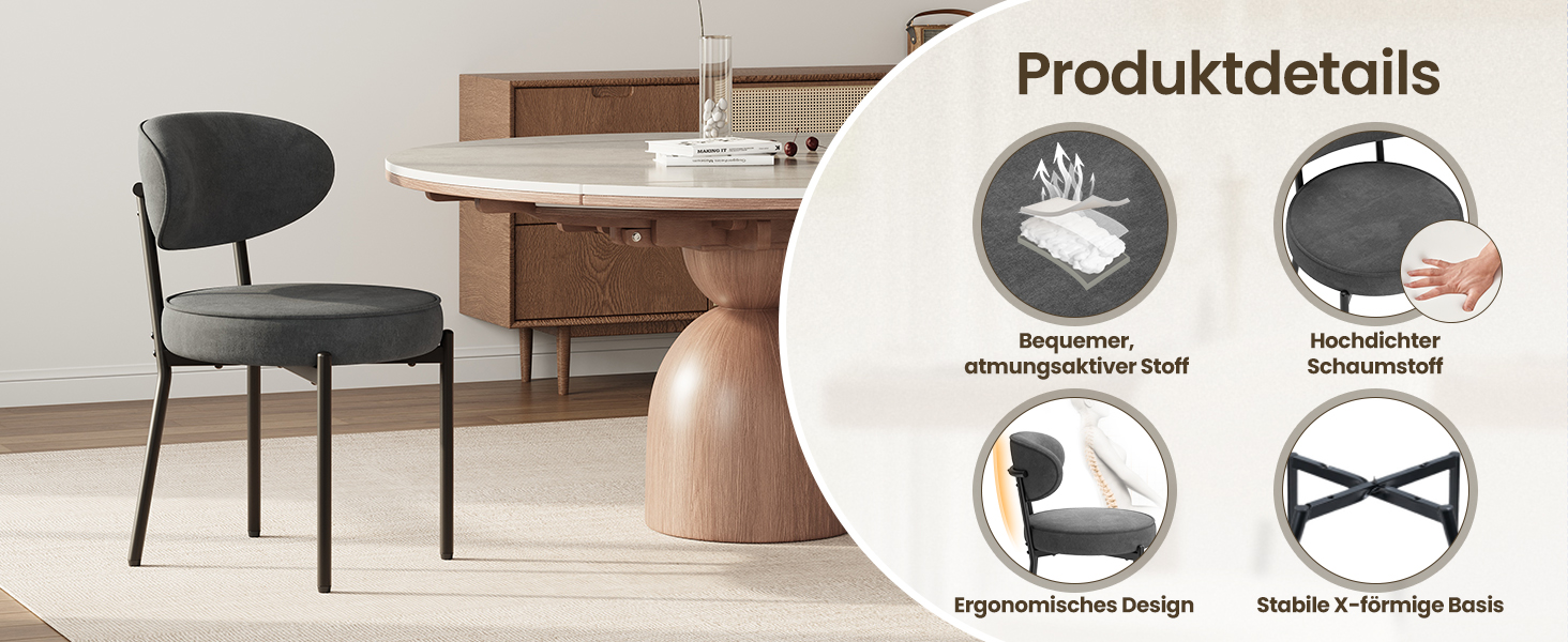 Обідні стільці COLAMY з м'яким сидінням 10 см – Сучасні стільці з плюшевої тканини Teddy, з міцним металевим каркасом – Для кухні та вітальні, Білий (Сірий, 2 шт.)