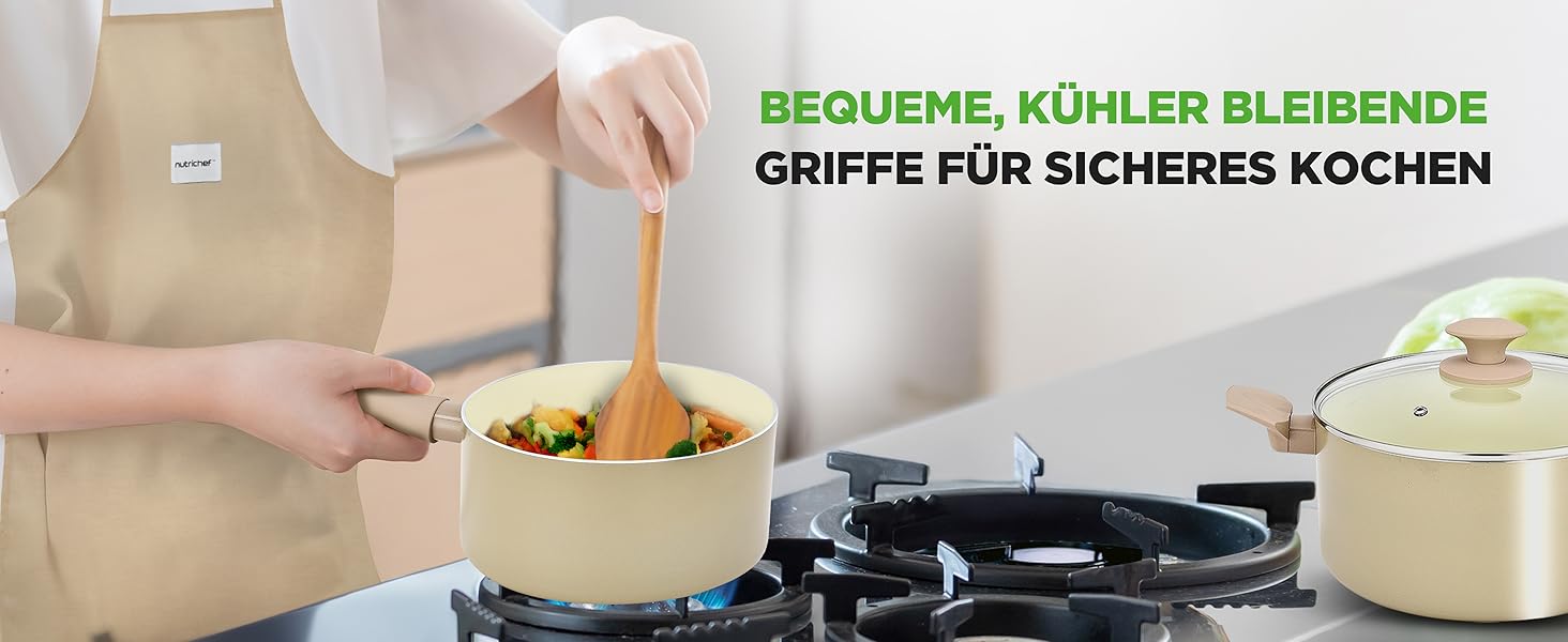 Набір посуду NutriChef 54 шт. – сковороди, каструлі, кухонні аксесуари талового кольору. З ножами, формами для випічки та аксесуарами. Підходить для індукційних, газових та електричних плит. Здорове та дієтичне приготування їжі