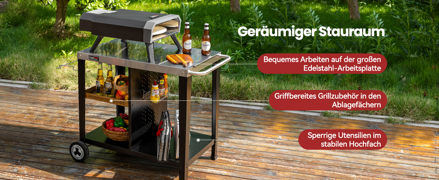 Роял Гормет: Робоча поверхня для гриля 85x50 см з нержавіючої сталі, візок на 3 яруси для гриля та піци, з ручками, тримачем для сміття та полицями для зберігання, легко миється та мобільний