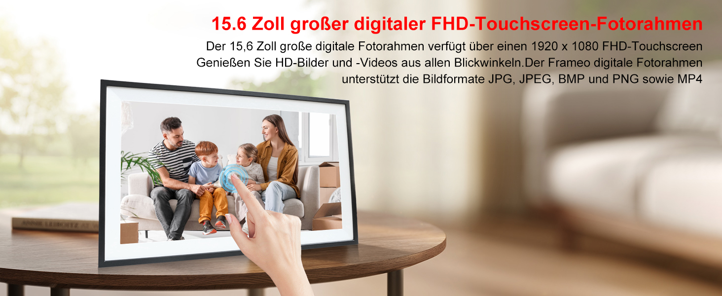Цифровий фоторамка Frameo 15.6 дюймів: Wi-Fi, FHD IPS сенсорний екран, 32GB, автоматичне обертання, віддалене завантаження фото та відео, кріплення на стіну
