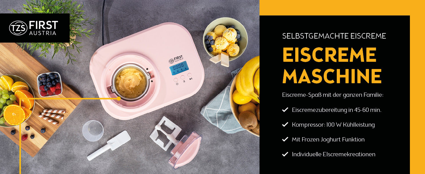 Електрична машина для приготування морозива TZS First Austria 1L з компресором 3 в 1 - для морозива, сорбету та замороженого йогурту, з мірним стаканом та лопаткою, рожева