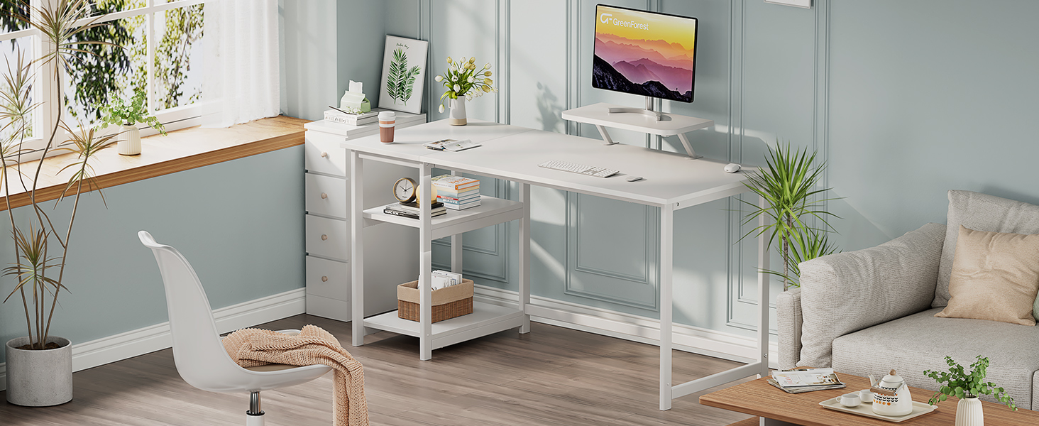 Білий письмовий стіл GreenForest з місцем для зберігання, 100 см, комп'ютерний стіл з підставкою для монітора, для дому та офісу, 140x50 см