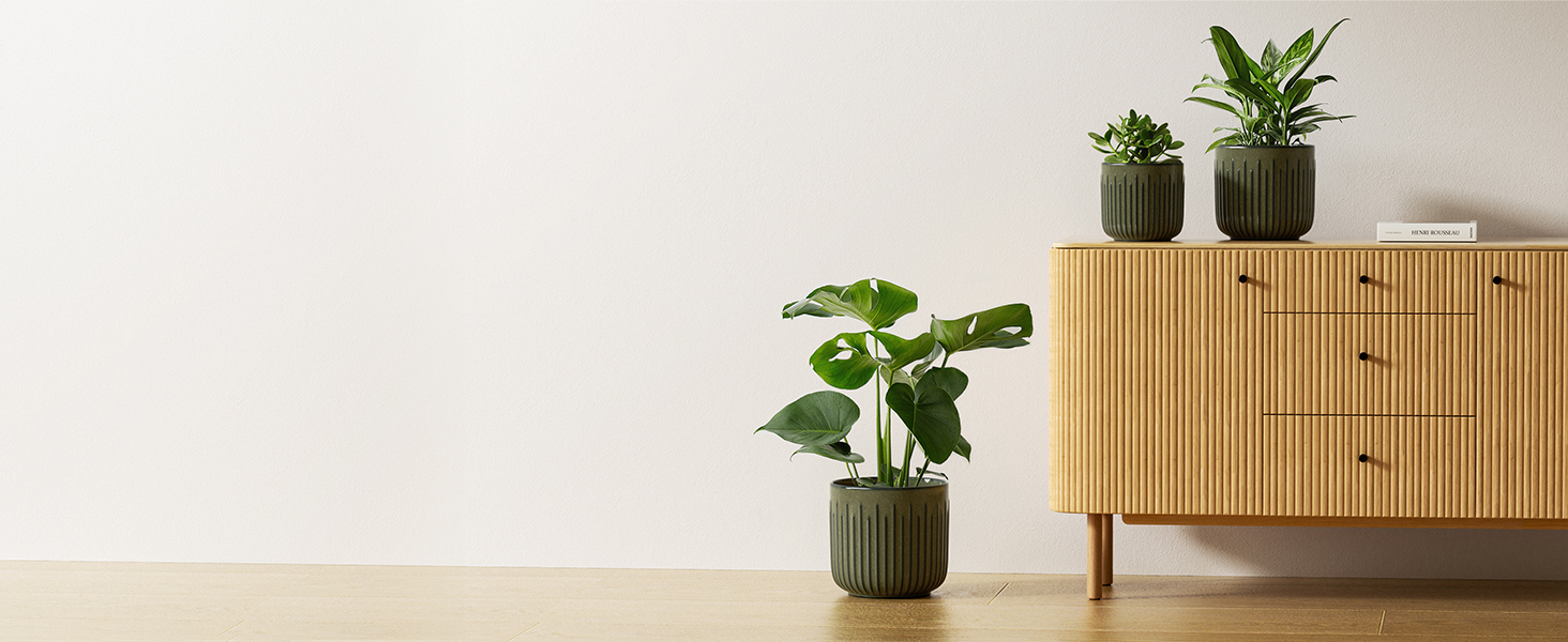 Набір горщиків для квітів LE TAUCI 3 шт. з кераміки, 21+17+14 см, з дренажними отворами, реактивна глазур, темно-оливковий колір