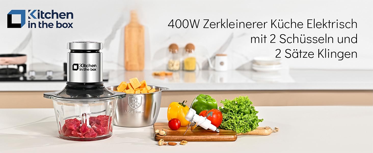 Електричний кухонний подрібнювач Zerkleinerer Küche 400W з 2 чашами (2L+2L) та подвійними лезами з нержавіючої сталі. Подрібнювач для м'яса, овочів, цибулі, фруктів. Срібний колір.