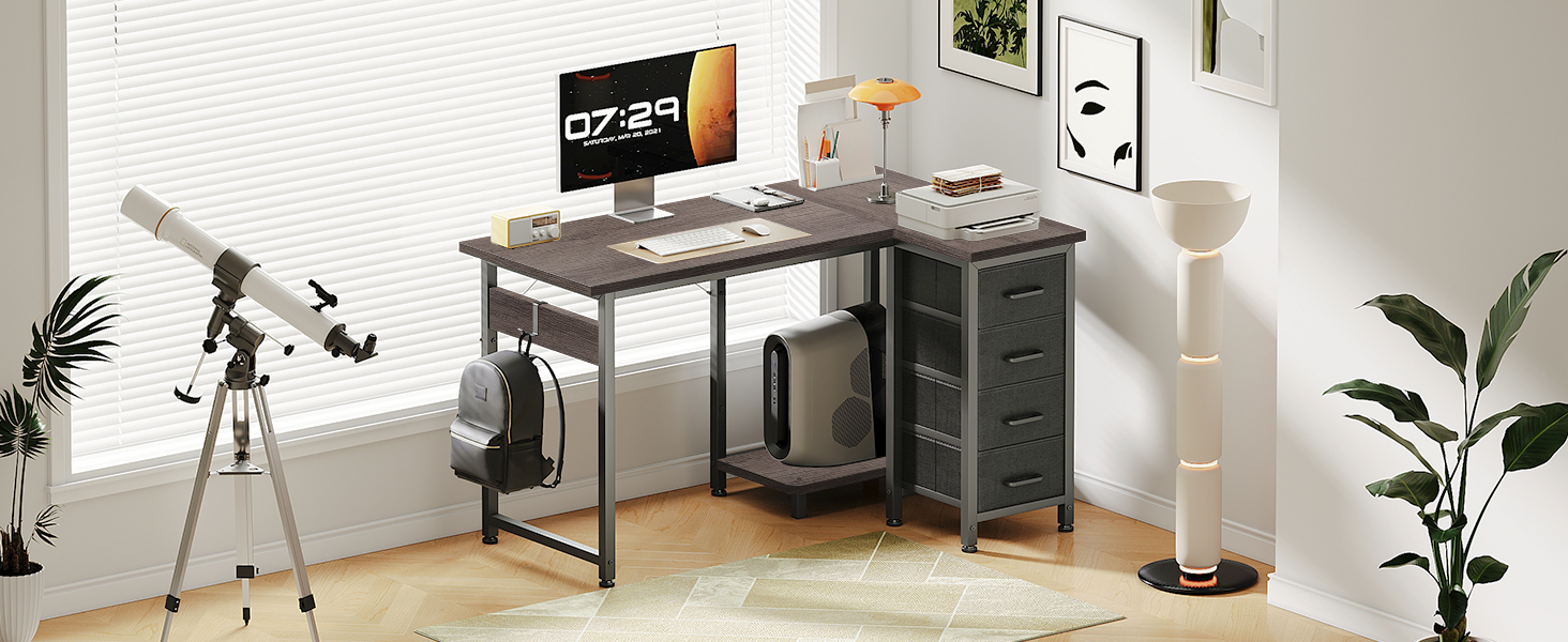 Комп'ютерний кутовий стіл Coleshome 120x70 см з 4 шухлядами, сірий, для офісу/кабінету/спальні