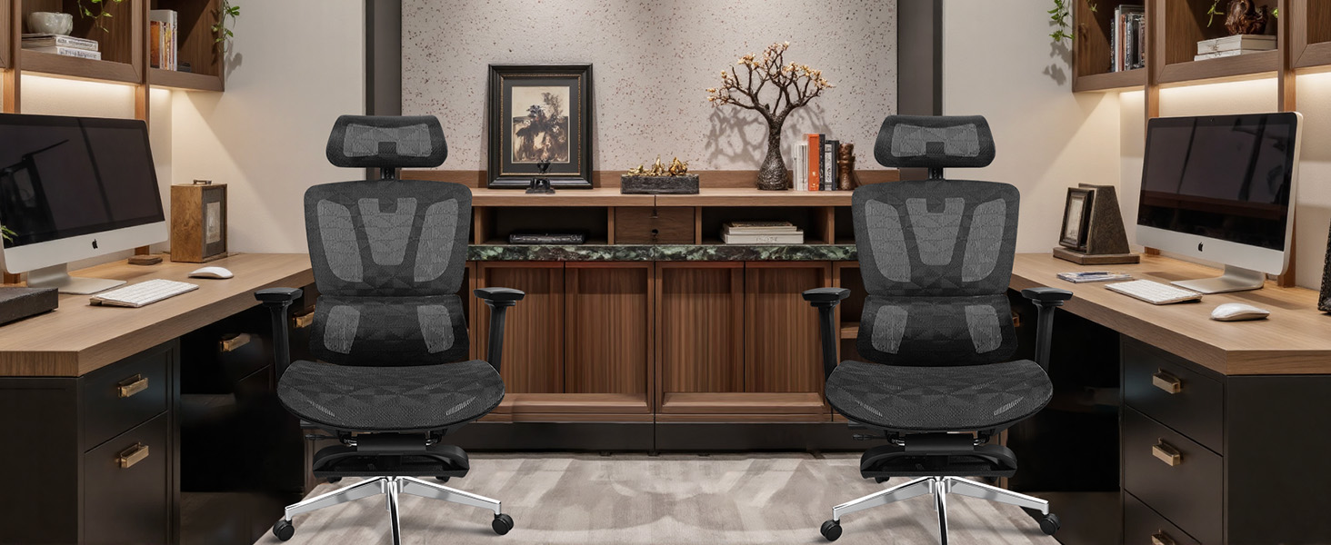 Ергономічне крісло для офісу, 4D підлокітники, регульована глибина сидіння, 4-ступеневий нахил, гумові колеса, сітчаста сидіння, висока спинка, для великих людей, Homeoffice & Gaming, ергономічне крісло для робочого столу (Чорний – з підставкою для ніг, сітчасте сидіння)