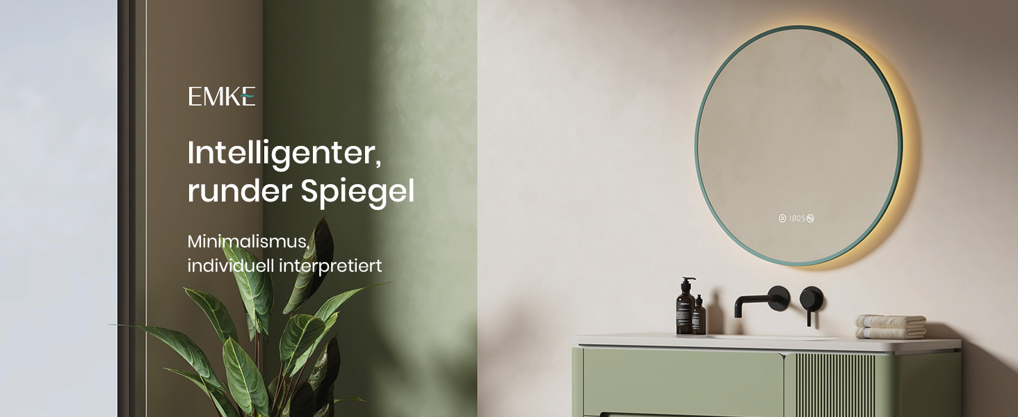 Круглий дзеркало для ванної кімнати EMKE з підсвічуванням 60 см - з антизапарюванням, регулюванням яскравості, годинником, індикатором температури, сенсорним керуванням, функцією пам'яті, енергозберігаючий. Розмір: 80x80 см.