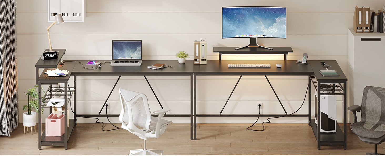 Ігровий стіл Bestier з LED-підсвіткою, кутовий, з 2 USB-портами та 3 розетками, з полицею та підставкою для монітора, великий для офісу та спальні, 147 x 80 см, чорний, з карбоновим покриттям