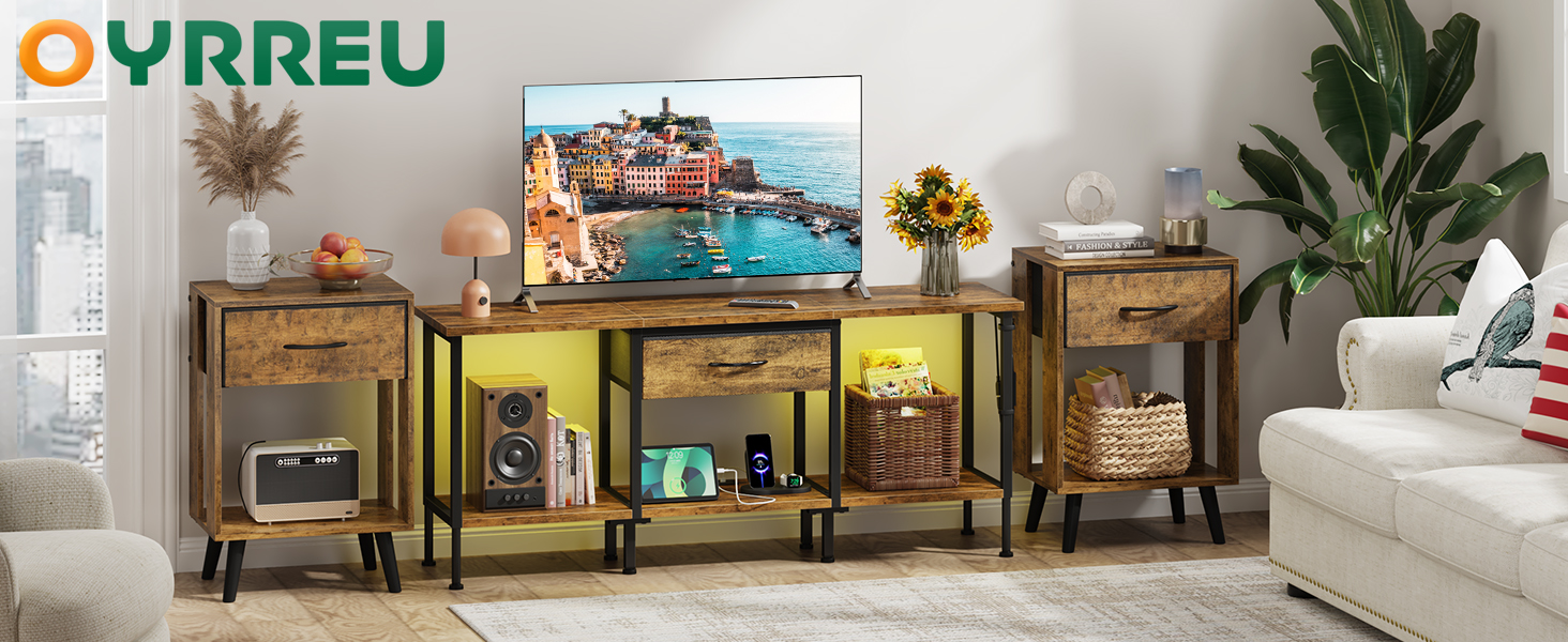 Тумба під TV з LED-підсвіткою, USB-роз'ємами та розеткою, 140 см, вінтажний колір, для телевізорів до 55 дюймів