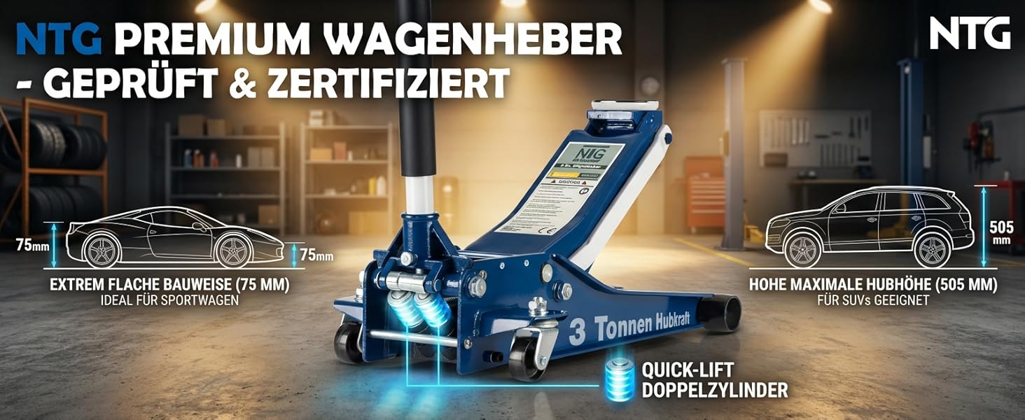 Гідравлічний домкрат NTG 3T, низькопрофільний, для авто (легкових та SUV), синій + сертифікат TÜV, висота підйому 75-505 мм
