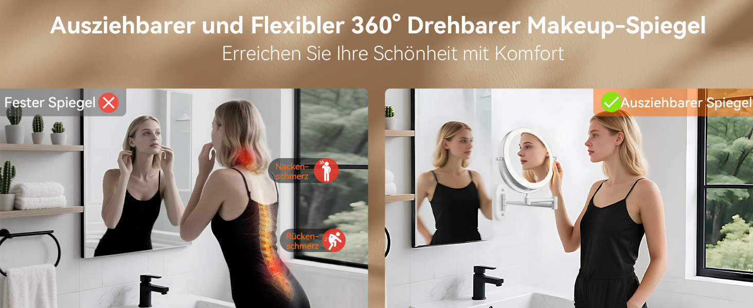 Дзеркало для макіяжу Auxmir з підсвічуванням, 1x, перезаряджуване, з підсвічуванням для гоління, настінне, з регулюванням яскравості, збільшувальне (30x), 3 кольори світла, поворотне на 360°, для ванної кімнати (білий)