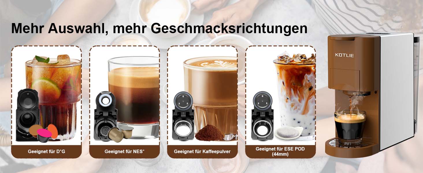 Кавомашина KOTLIE Espresso 4-в-1 для NES/Dolce Gusto/меленої кави/ESE (44мм), 19 Бар, коричнева