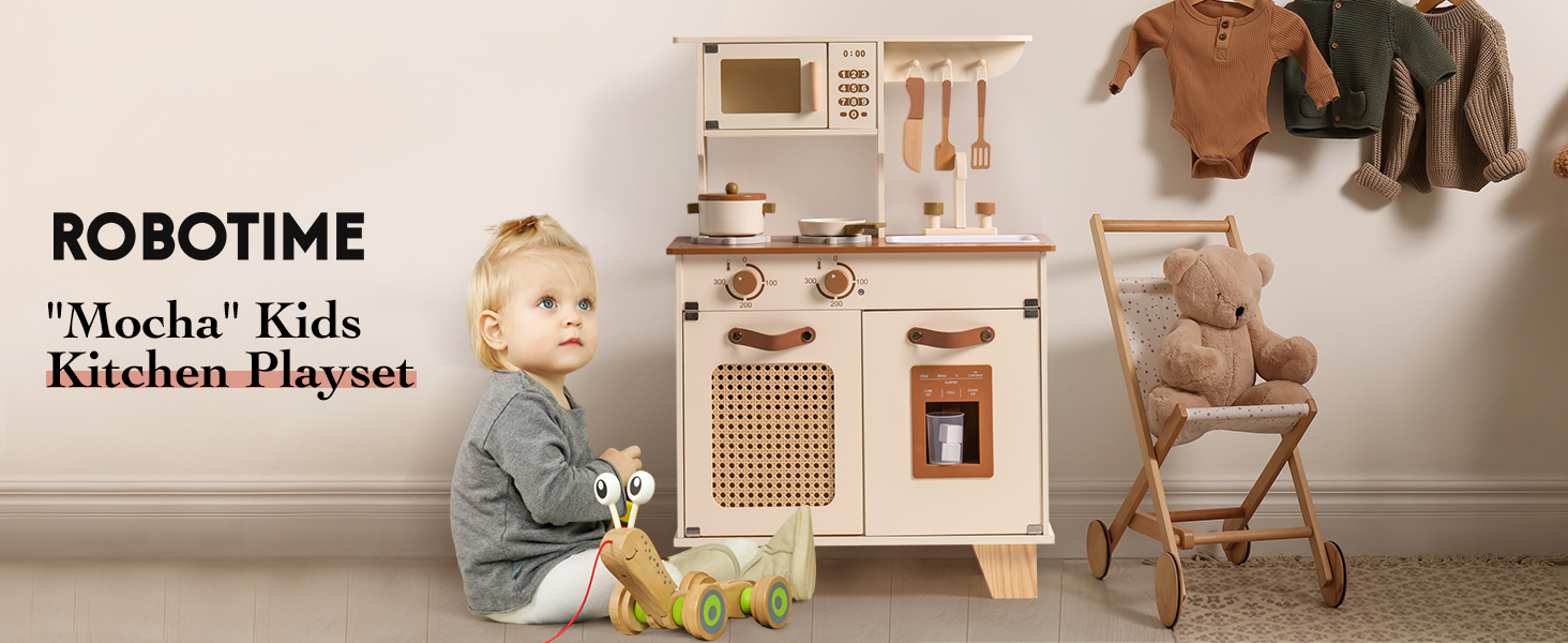 Дерев'яна дитяча кухня ROBOTIME з аксесуарами, ретро-дизайн, зелений, 3-8 років