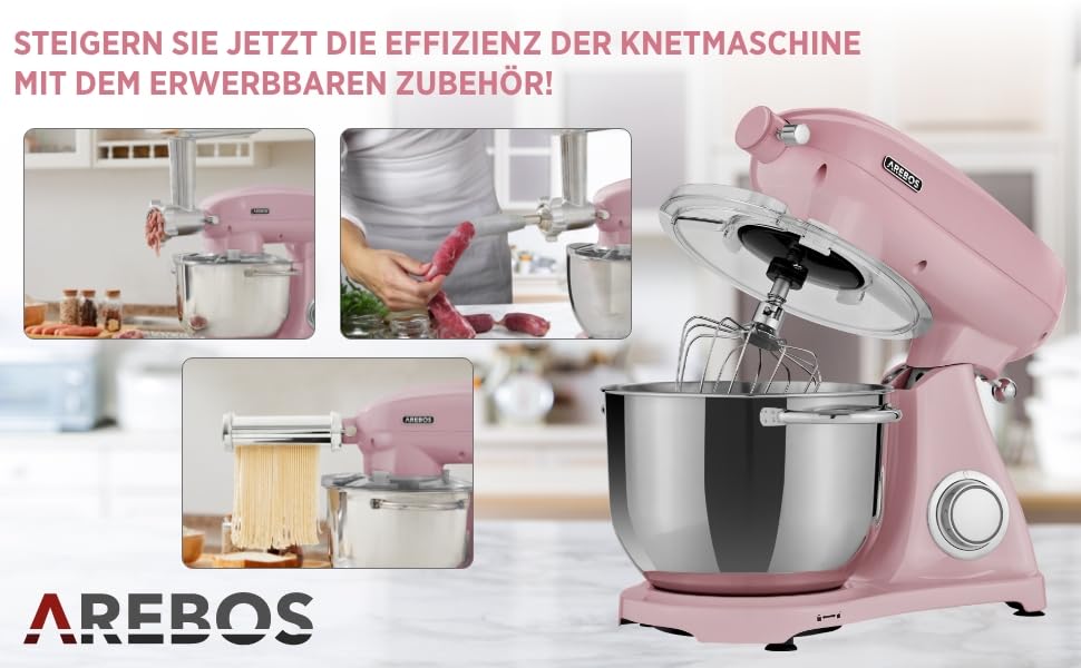 Arebos Ретро кухонна машина 1800W рожева | Міксер з чашею 6л з нержавіючої сталі | Тиха робота | З набором насадок (крюк для тіста, вінчик, насадка для збивання) | 6 швидкостей