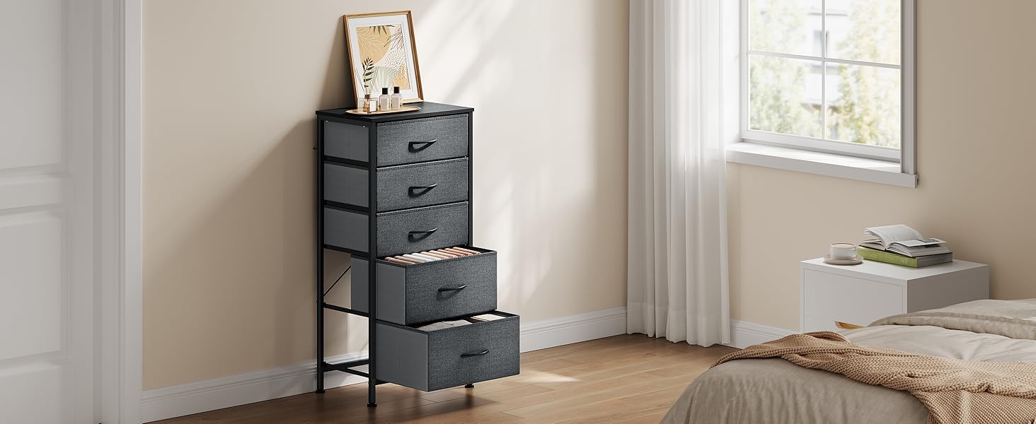 Комод з 5 шухлядами WOLTU SSK004whe: стильний комод-шафка для спальні, вітальні, коридору. Металевий каркас, ДСП, чорна деревина + темно-сірий колір.