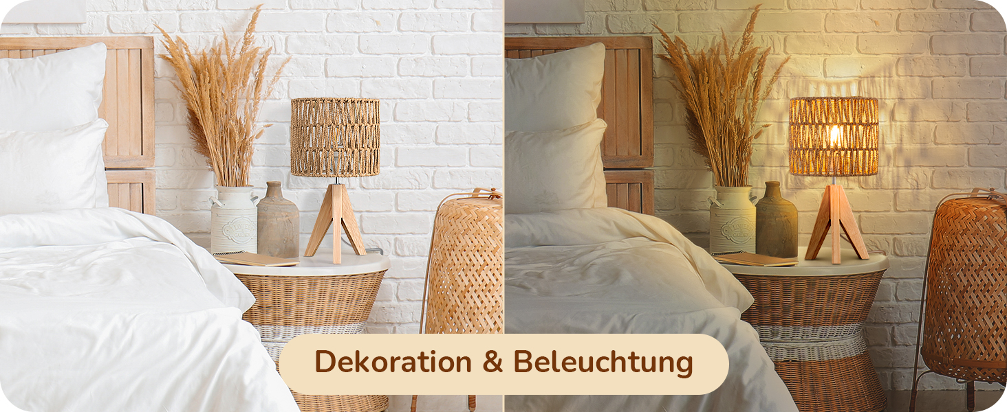 LED настільна лампа EDISHINE з абажуром з ручної роботи, дерев'яною ніжкою, тепле світло 2700K, бохо-стиль, для спальні, вітальні, готелю, з лампочкою E27 4W