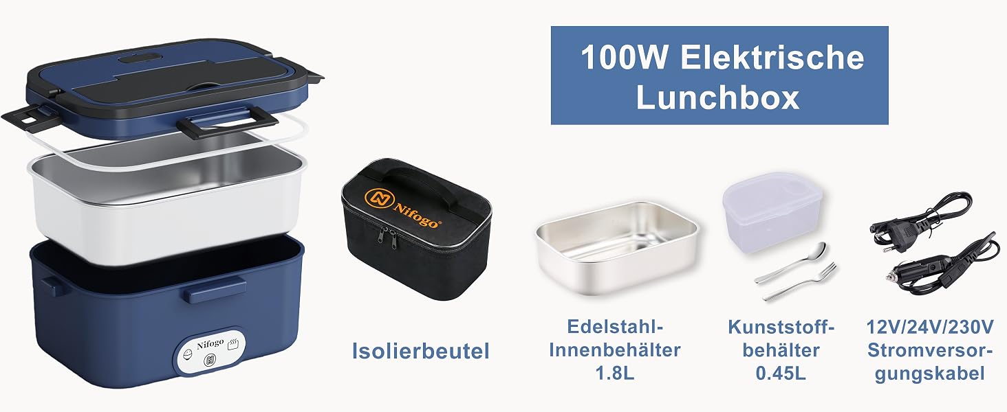 Електричний ланч-бокс Nifogo 1.8л (100W, 12V/24V/230V) для авто, вантажівок та офісу, сталь 304, синій