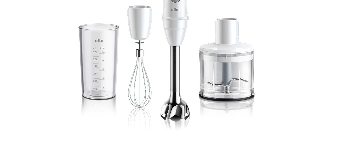 Блендер занурювальний Braun MultiQuick 5 MQ 50236 (білий, 2024) - 1000 Вт, 21 швидкість, нержавіюча сталь, насадки, SplashControl