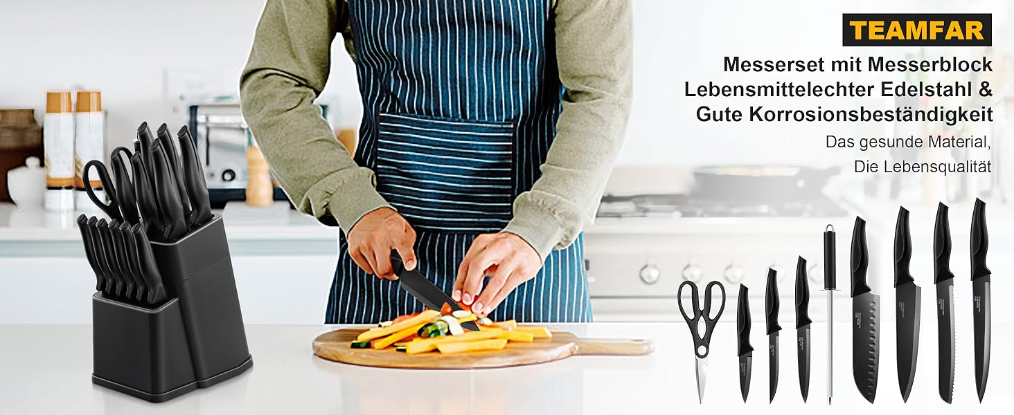 Набір кухонних ножів TEAMFAR 15 предметів з підставкою, нержавіюча сталь, з точильним каменем, антипригарне покриття, чорний