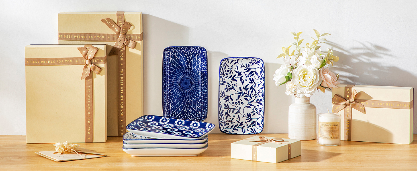 Набір тарілок Vancasso Selene 6 шт, прямокутні порцелянові тарілки для закусок, суші, десертів, фруктів, овочів 22x13 см