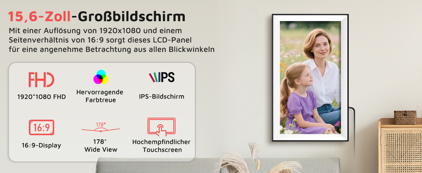 Цифровий фоторамка Hesmor 15.6 дюймів з Wi-Fi, FHD 1920*1080, IPS, сенсорний екран, 32GB, автоповорот, Frameo App