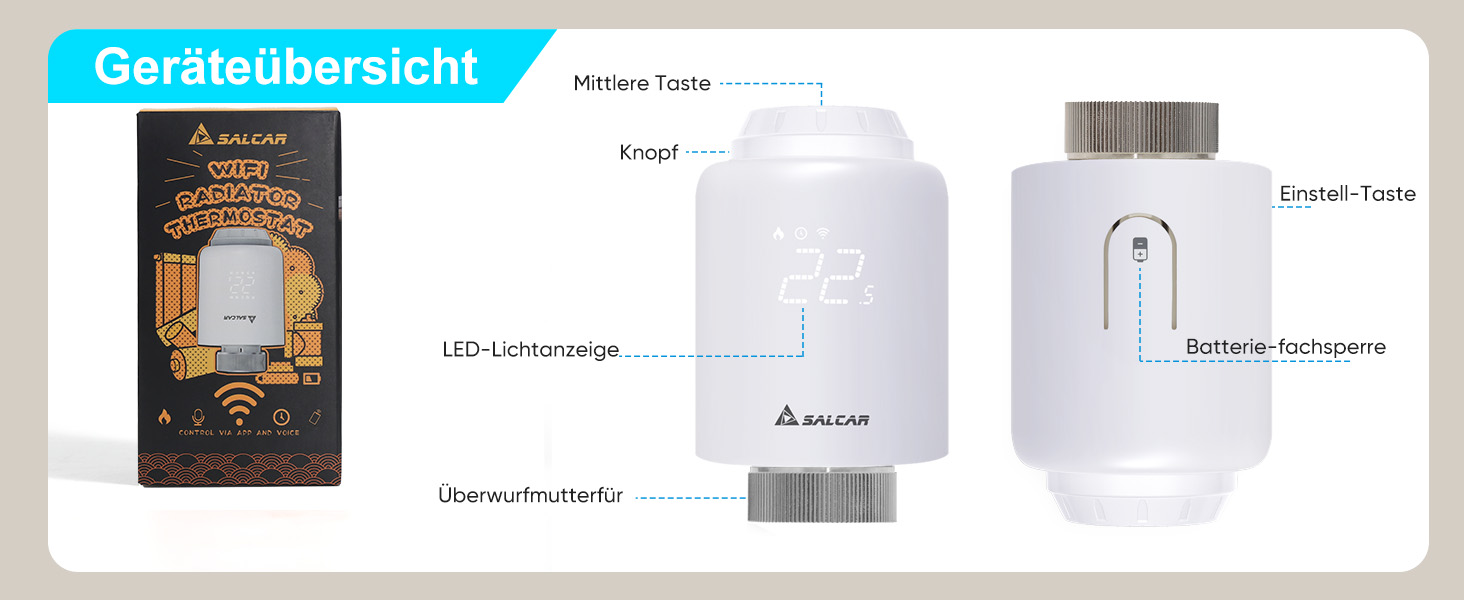 Розумний термостат для радіатора Salcar WiFi TRV603, сумісний з Alexa та Google Assistant, програмований, Tuya Smart, без шлюзу