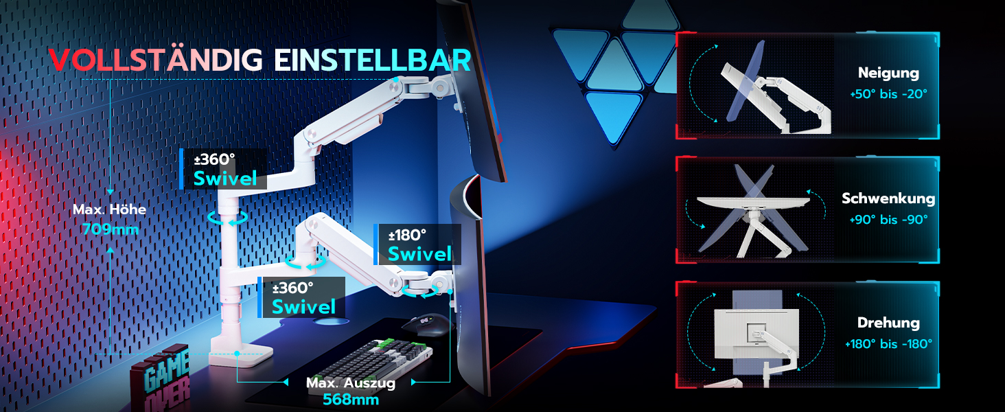 Кріплення для монітора ARES WING для 2 моніторів, 17-49 дюймів, газ-амортизатор, регулювання висоти, поворотний, VESA 75/100 мм, 2-20 кг, білий