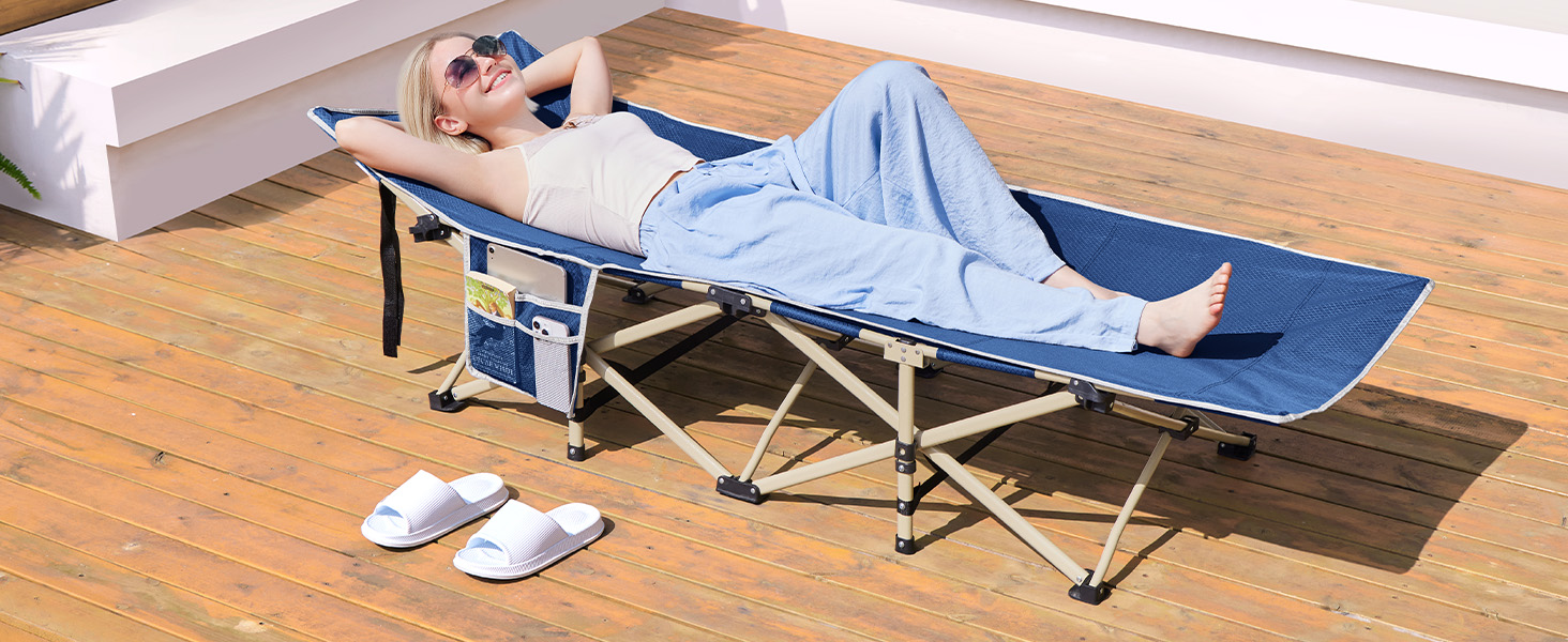 Розкладне кемпінгове ліжко Yaheetech для відпочинку та риболовлі, темно-синє, витримує до 150 кг, з кишенею та сумкою для транспортування