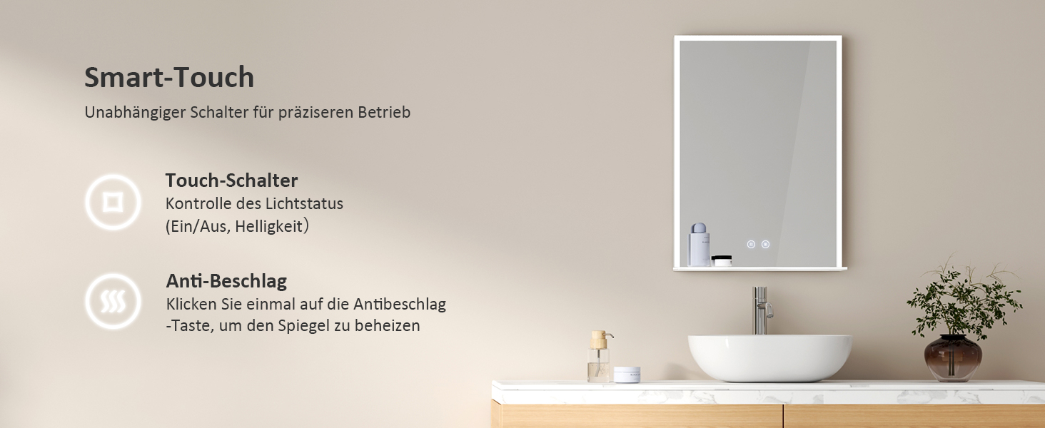 Дзеркало для ванної кімнати EMKE з підсвічуванням 80x60 см, з полицею, антизапар, регульоване холодне біле світло 6500K, сенсорне управління, функція пам'яті