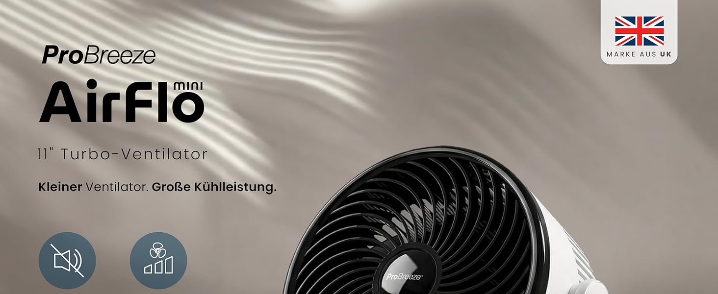 Вентилятор настільний Pro Breeze AirFlo Mini – Тихий турбо-вентилятор з 3 швидкостями, нахилом 90° та потужним потоком повітря до 4,2 м/с, компактний для офісу, спальні та робочого столу, білий