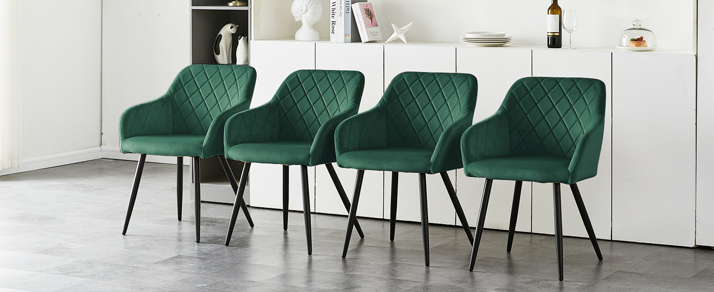 Крісла для їдальні CLIPOP, комплект 4 шт., обтягнуті оксамитом, з металевими ніжками, для вітальні, кухні, їдальні (4 шт., оксамит, зелений)