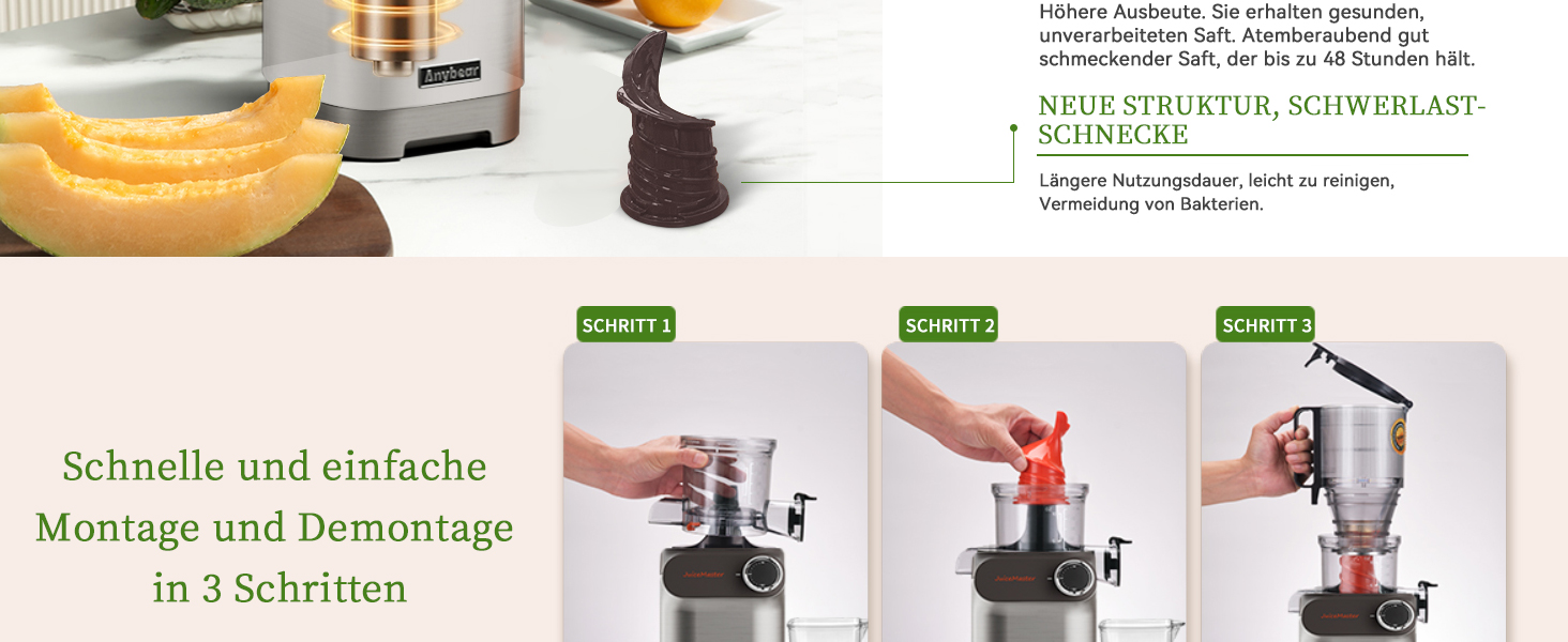 Anybear повільнодійний соковичавник 200W з великим завантажувальним отвором 110 мм | Покращена шнекова система | Tritan, BPA-free | Рецепти соків (срібний)