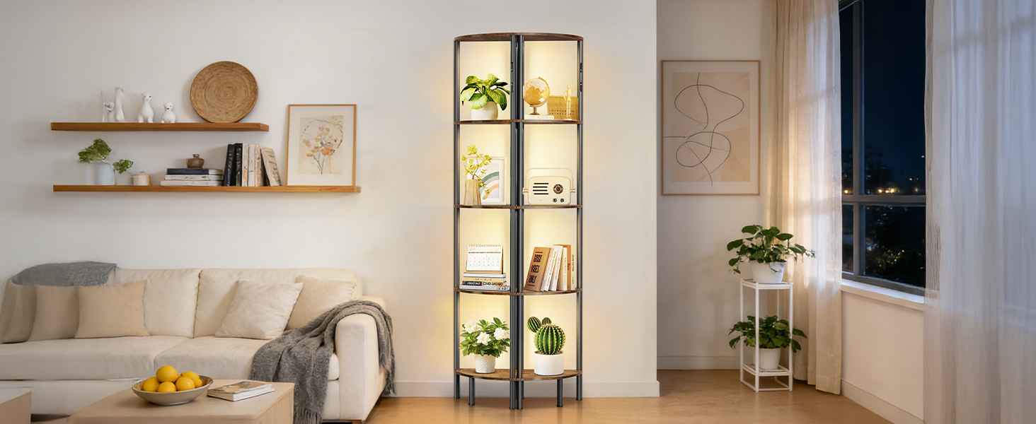 LED торшер з полицею, 3 режими світла, димування (сенсор/пульт), кутова полиця 5-рівнів, вузький книжковий стелаж для вітальні, спальні, офісу (білий)