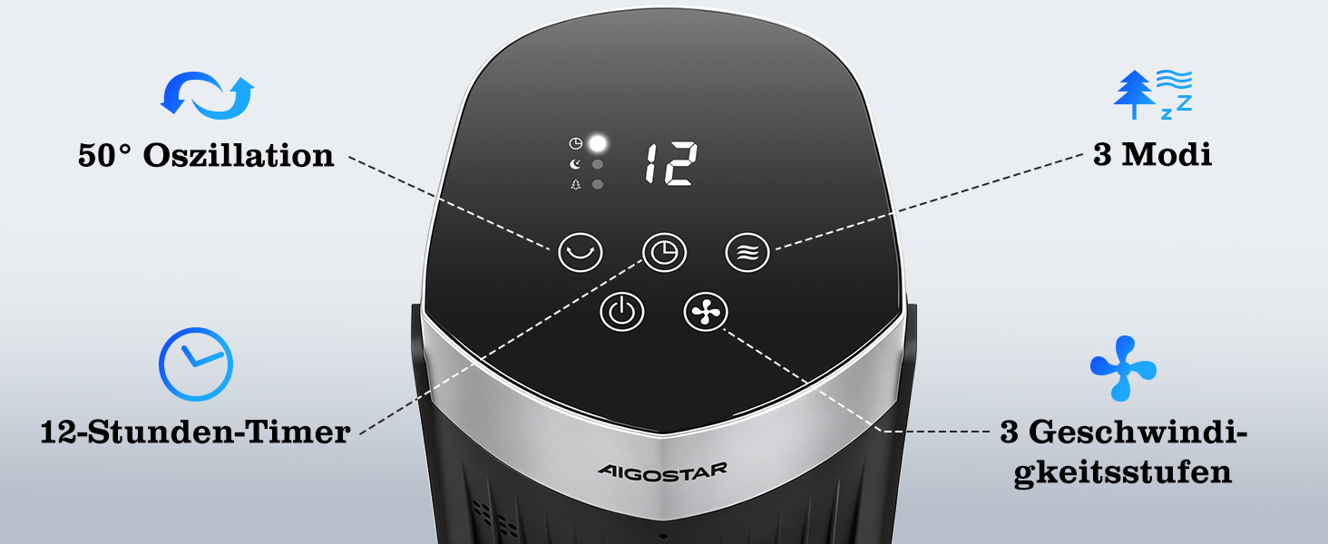 Вентилятор баштовий Aigostar з пультом, 4 режими, 3 швидкості, таймер 12 год, поворот 65°, 45 Вт, чорний